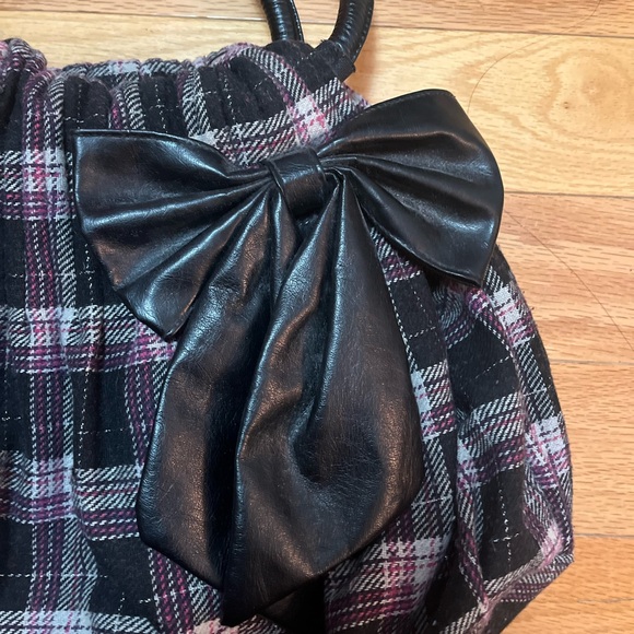 Y2K Retro Tweed Plaid Women's Shoulder Bag with Black Bow - Picture 2 of 4